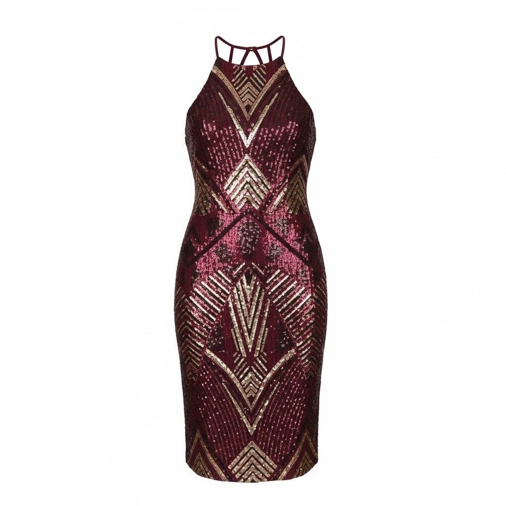 Bisou Bisou Burgundy Silver Black Geometric Sequin Halter Mini/Cocktail Dress.